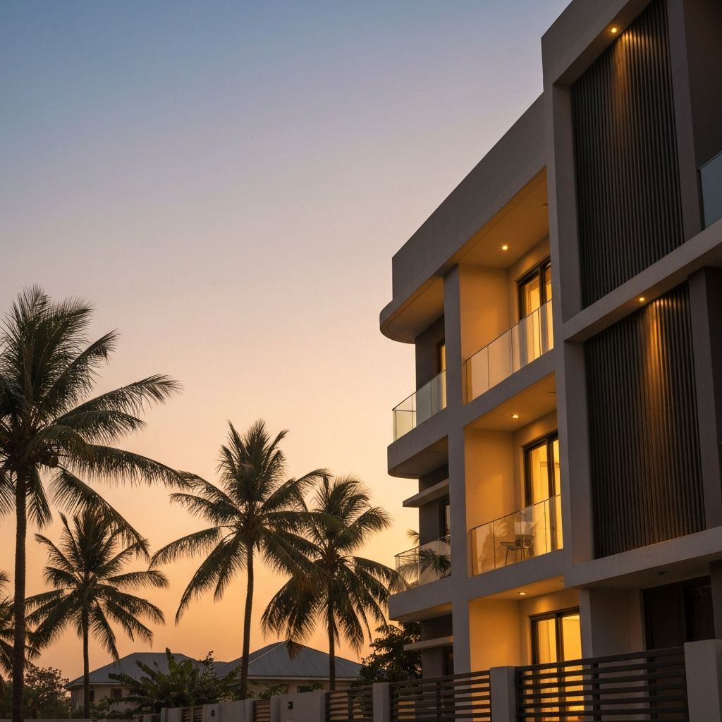 Modern Lagos apartment building at sunset